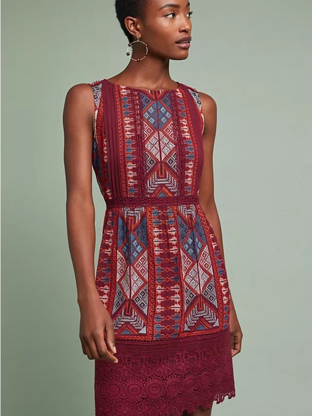 Red Multi-Pattern Sleeveless Lace-Hem Dress